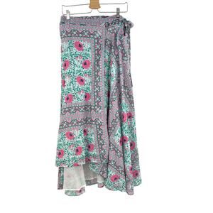 Fox in Gown Wrap Skirt Midi Floral Print Teal Green Pink Size Medium Large